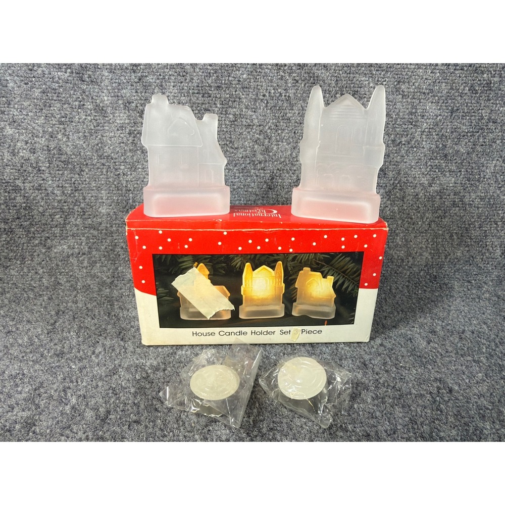 Vintage 1993 International Silver Co Frosted Glass House votive Holder Set of 2